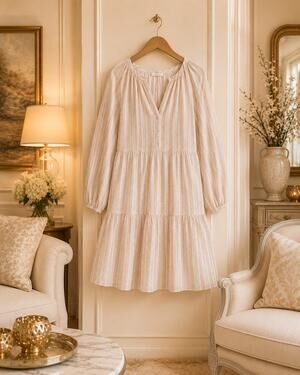 The Great Cream Striped Lace Hem Babydoll Dress Size 1 Small Oversized Prairie